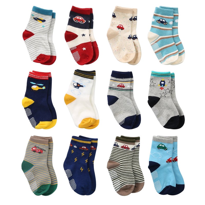 Cottock 12 Pairs Toddler Boy Grip Socks - Baby Boy Cotton Non Slip, Infant Newborn Anti Skid Socks for Kids Boys (12 Pairs Plane & Car, 1-3 Years) - Image 1